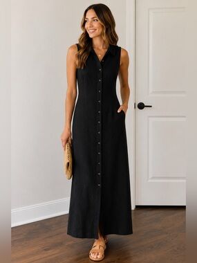 Magaschoni Black Linen Blend Sleeveless Button Front Maxi Dress Size Small